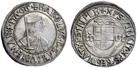  Savoia   Carlo I duca, 1482-1490. Testone, Cornavin, AR 9,62 g. + KAROLVS D SABAVDIE MAR I ITA GG (Nicola Gatti, maestro di zecca) Busto corazzato a ...