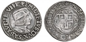  Savoia   Filiberto II il bello duca VIII, 1497-1504. Testone I tipo, Torino, AR 9,43 g. + PHILIBTVS DVX SABAVDIE VIII Busto a d., con berretto. Rv. +...