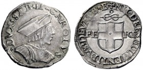  Savoia   Carlo II il buono duca IX, 1504-1533. Testone II tipo, Bourg 1523-27, AR 9,10 g. + CAROLVS – DVX SAB II Busto corazzato a d., con berretto. ...