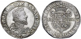  Savoia   Carlo Emanuele I duca XI, 1580-1630. Ducatone 1590, Torino, AR 31,88 g. CAR EM D G DVX SABAVD P PED Busto corazzato a d., con colletto alla ...