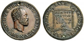  Urbino   Guidobaldo II della Rovere, 1538-1574. Prova di testone, AE 22,03 g. GVIDVS VBALDVS II VRBINI DVX IIII Testa barbuta a d.; sotto, dietro al ...