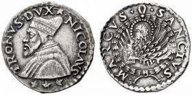  Venezia   Nicolò Tron, 1471-1473. Lira da 20 soldi o trono, AR 6,25 g. NICOLAVS – tre foglie d'edera – TRONVS DVX foglia d'edera Busto del doge a s. ...