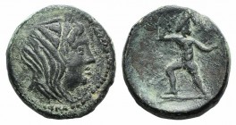 Bruttium, Petelia, late 3rd century BC. Æ (21mm, 7.74g, 6h). Veiled head of Demeter r. R/ Zeus standing l., head r., hurling thunderbolt with r. hand,...