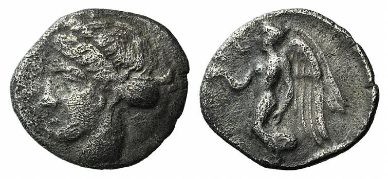 Bruttium, Terina, c. 420-400 BC. AR Diobol (9.5mm, 0.68g, 6h). Female head l., h...