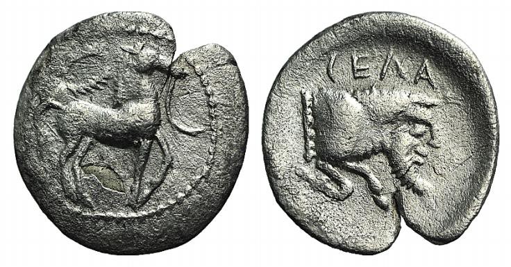Sicily, Gela, c. 465-450 BC. AR Litra (11mm, 0.54g, 6h). Horse advancing r.; wre...