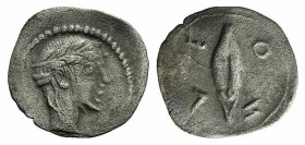 Sicily, Leontini, c. 450-440 BC. AR Litra (11mm, 0.42g, 12h). Diademed head of nymph(?) r. R/ Barley grain. SNG ANS 263; HGC 2, 689. Slight porosity, ...