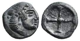 Sicily, Syracuse. Hieron I (478-466 BC). AR Obol (8mm, 0.40g), c. 475-470. Diademed head of Arethusa r. R/ Wheel of four spokes. SNG ANS 116; HGC 2, 1...