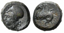 Sicily, Syracuse, 400-390 BC. Æ Hemilitron (17mm, 6.36g, 12h). Head of Athena l., wearing Corinthian helmet decorated with snake. R/ Hippocamp l. CNS ...