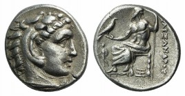 Kings of Macedon, Alexander III “the Great” (336-323 BC). AR Drachm (16mm, 4.25g, 9h). Abydos, c. 325-323. Head of Herakles r., wearing lion skin. R/ ...