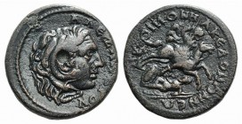 Macedon Koinon. Pseudo-autonomous issue, c. 3rd century AD. Æ (26mm, 11.97g, 12h). Head of Alexander r., wearing lion's skin. R/ Horseman galloping r....