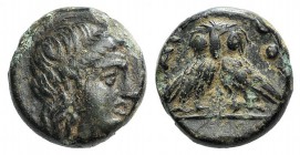 Thrace, Agathopolis, c. 300 BC. Æ (10mm, 1.71g, 12h). Young male head wearing tainia r. R/ AΓΑΘΟ, Double-bodied owl standing facing. Head, HN p. 258; ...