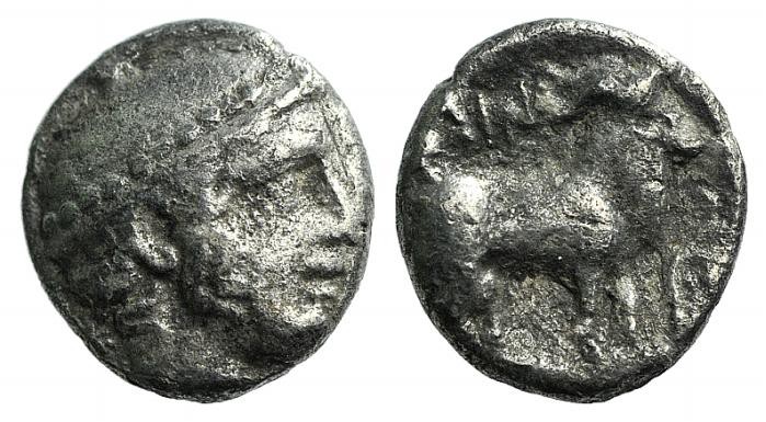 Thrace, Ainos, c. 427/6-425/4 BC. AR Diobol (9mm, 1.04g, 12h). Head of Hermes r....