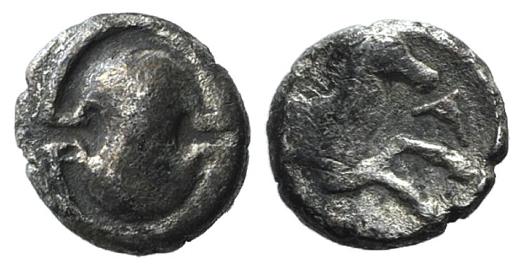 Boiotia, Tanagra, c. 400-350 BC. AR Obol (8mm, 0.46g). Boiotian shield. R/ Forep...