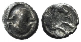 Boiotia, Tanagra, c. 400-350 BC. AR Obol (8mm, 0.46g). Boiotian shield. R/ Forepart of horse r.; all within incuse concave circle. BCD Boiotia 298a; S...
