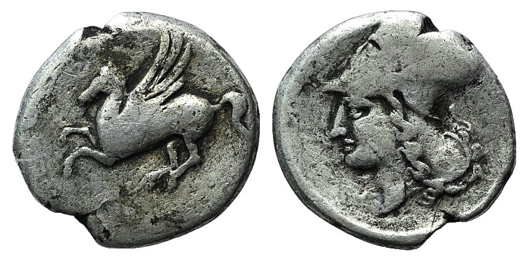 Corinth, c. 405-345 BC. AR Stater (21mm, 7.10g, 12h). Pegasos flying l. R/ Helme...