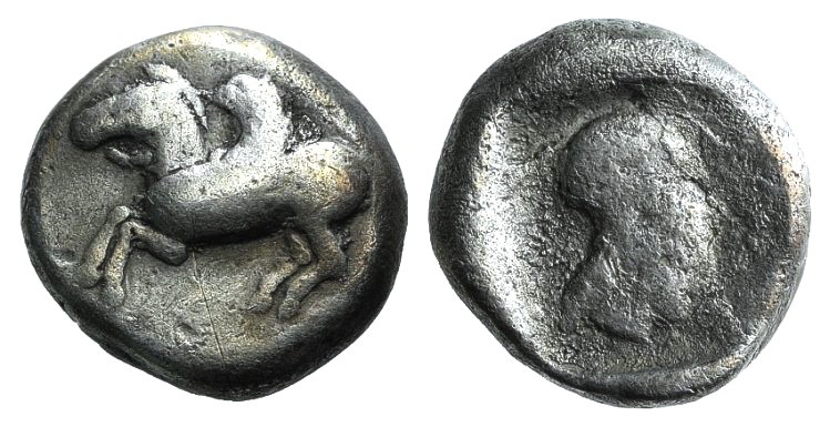 Corinth, c. 500-480 BC. AR Stater (17mm, 8.33g, 10h). Pegasos flying l. R/ Helme...