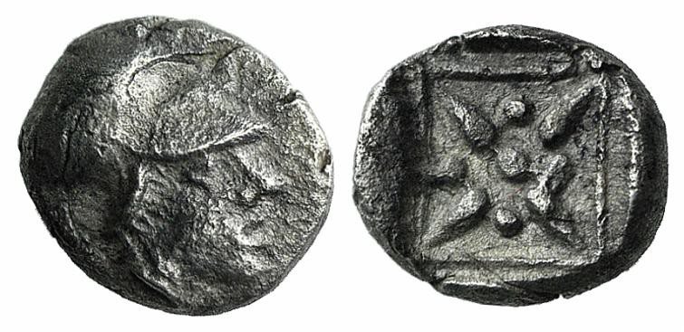 Asia Minor, Uncertain mint, 5th century BC. AR Hemiobol (5mm, 0.41g). Helmeted h...