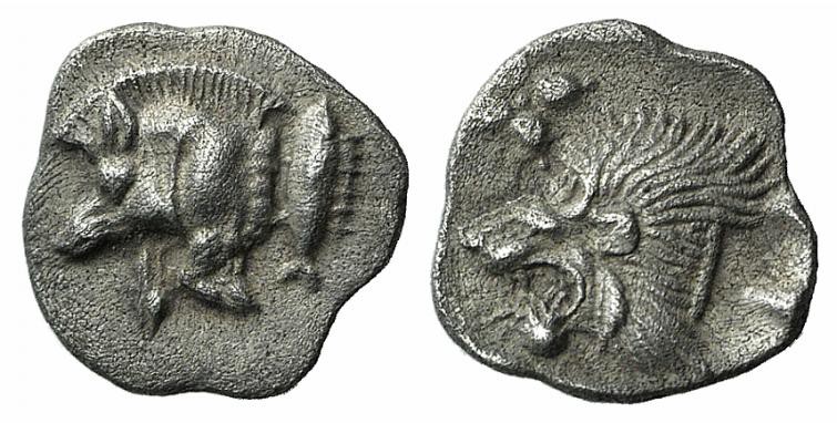 Mysia, Kyzikos, c. 450-400 BC. AR Hemiobol (7mm, 0.41g, 3h). Forepart of boar l....