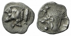 Mysia, Kyzikos, c. 450-400 BC. AR Hemiobol (7mm, 0.41g, 3h). Forepart of boar l.; tunny to r. R/ Head of lion l.; star to l.; all within incuse square...