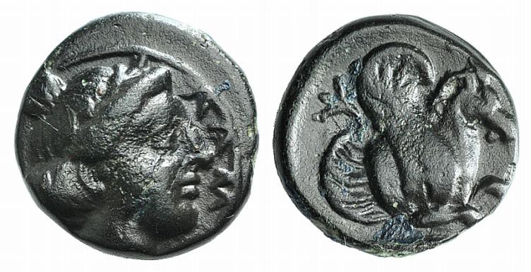 Mysia, Lampsakos, c. 4th-3rd century BC. Æ (9mm, 1.10g, 3h). Female head r. R/ F...