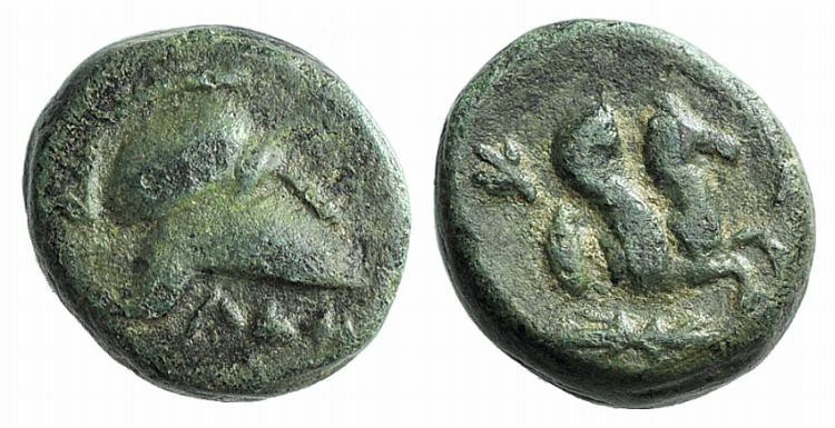 Mysia, Lampsakos, 4th-3rd centuries BC. Æ (9mm, 1.34g, 3h). Corinthian helmet r....