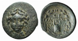Troas, Alexandria, c. 164-135 BC. Æ (19mm, 3.25g, 12h). Laureate, facing head of Apollo. R/ Lyre within laurel wreath. Bellinger A144; SNG Copenhagen ...