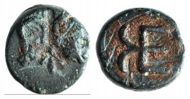 Troas, Kebren, c. 420-412 BC. Æ (9mm, 1.11g, 9h). Confronted ram’s heads. R/ KE monogram. SNG München 283; SNG Copenhagen 260. Green patina, Good Fine...