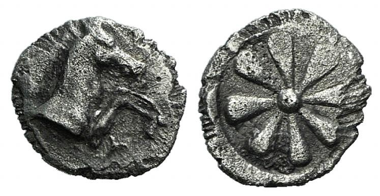 Aeolis, Kyme, 6th century BC. AR Hemiobol (7mm, 0.28g). Forepart of horse r. R/ ...