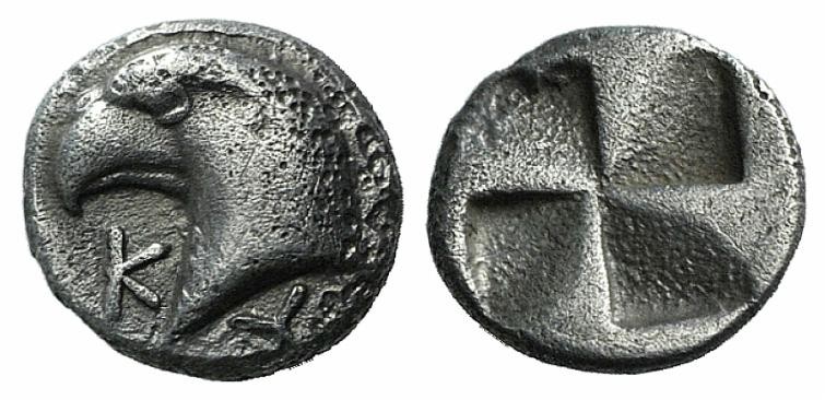 Aeolis, Kyme, c. 450-400 BC. AR Hemiobol (6mm, 0.48). Head of eagle l.; retrogra...