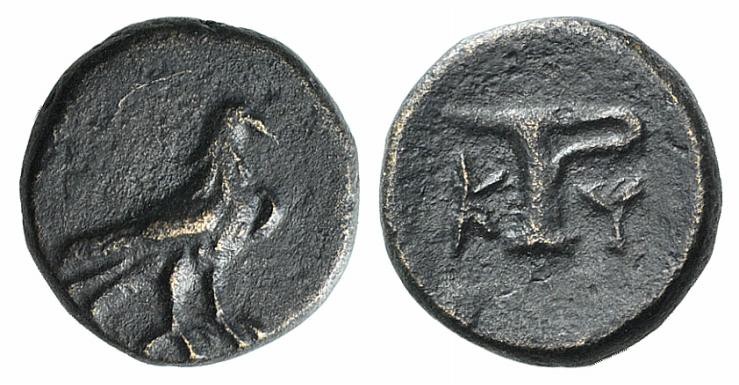 Aeolis, Kyme, c. 350-320 BC. Æ (8.5mm, 0.93g, 12h). Eagle standing r. R/ One-han...