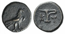 Aeolis, Kyme, c. 350-320 BC. Æ (8.5mm, 0.93g, 12h). Eagle standing r. R/ One-handled vase. SNG Copenhagen 41-3; SNG von Aulock 1625. Brown patina, Goo...