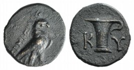 Aeolis, Kyme, c. 350-250 BC. Æ (12mm, 1.60g, 12h). Uncertain magistrate. Eagle standing r. R/ K-Y, One-handled vase. Cf. SNG Copenhagen 62-6. Brown pa...