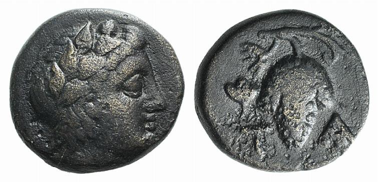 Aeolis, Temnos, 3rd century BC. Æ (11.5mm, 2.23g, 12h). Bearded head of Dionysos...