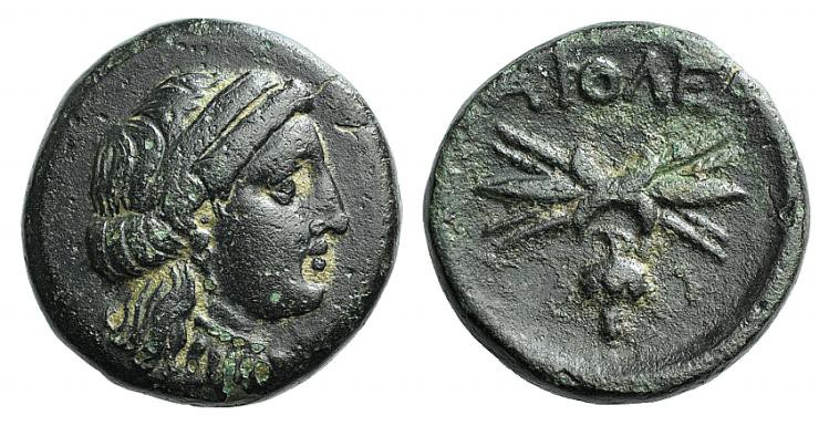Lesbos Koinon, Methymna, c. 330-280 BC. Æ (14mm, 3.78g, 3h). Female head r., wea...
