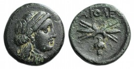 Lesbos Koinon, Methymna, c. 330-280 BC. Æ (14mm, 3.78g, 3h). Female head r., wearing stephane, earring and necklace. R/ Thunderbolt; grapes below. BMC...