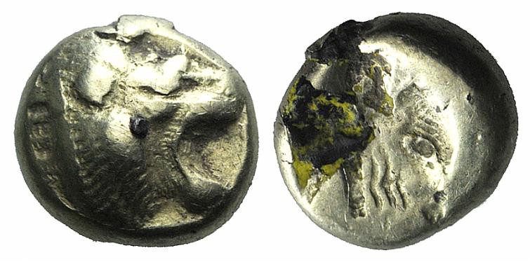 Lesbos, Mytilene, c. 521-478 BC. EL Hekte (9mm, 2.21g, 12h). Head of roaring lio...