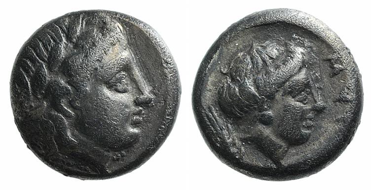 Lesbos, Mytilene, c. 400-350 BC. AR Diobol (8mm, 1.33g, 1h). Laureate head of Ap...