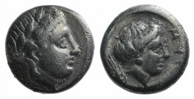 Lesbos, Mytilene, c. 400-350 BC. AR Diobol (8mm, 1.33g, 1h). Laureate head of Apollo r. R/ Female head r.; thunderbolt behind. BMC 9; HGC 6, 1037. Ton...