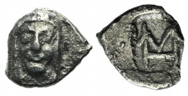 Ionia, Kolophon, c. 450-410. AR Hemiobol (7mm, 0.32g, 12h). Facing head of Apollo. R/ Monogram (mark of value) within incuse rectangle. Milne, Colopho...