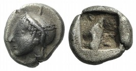 Ionia, Phokaia, c. 521-478 BC. AR Diobol (9mm, 1.33g). Archaic female head l. R/ Quadripartite incuse square. Klein 452-3. Toned, VF