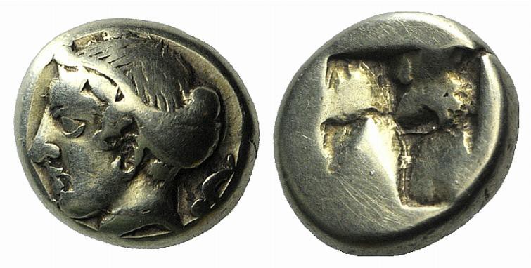 Ionia, Phokaia, c. 478-387 BC. EL Hekte – Sixth Stater (9mm, 2.50g). Female head...
