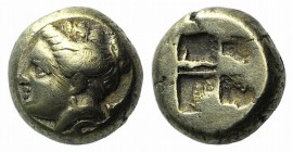 Ionia, Phokaia, c. 387-326 BC. EL Hekte – Sixth Stater (8mm, 2.53g). Head of Artemis l., with quiver over shoulder; [below, seal l.] R/ Quadripartite ...