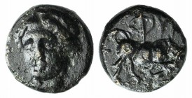 Ionia, Phygela, c. 350-300 BC. Æ (6mm, 0.55g, 12h). Head of Artemis Munychia facing slightly l. R/ Bull butting r. SNG Kayhan 550. VF