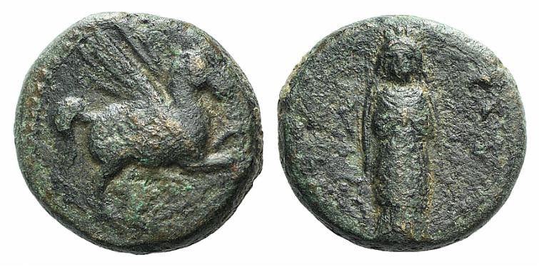 Caria, Bargylia, 1st century BC. Æ (14mm, 4.15g, 11h). Pegasos flying r. R/ Arte...