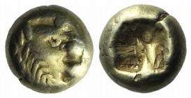 Kings of Lydia, temp. Alyattes – Kroisos, c. 620/10-550/39 BC. EL Hemihekte – Twelfth Stater (5.5mm, 1.17g). Sardes. Head of roaring lion r., sun with...