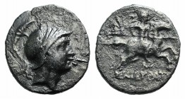 Phrygia, Kibyra, c. 166-84 BC. AR Drachm (14mm, 2.76g, 12h). Draped male bust r., wearing crested helmet. R/ Horseman galloping r., holding couched sp...
