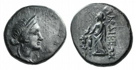 Phrygia, Laodikeia, 2nd century BC. Æ (16mm, 4.14g, 12h). Head of Aphrodite r. wearing stephane. R/ Aphrodite standing l., holding dove in r. hand; tw...