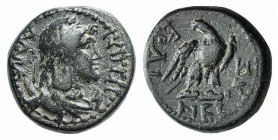 Phrygia, Laodikeia, AD 66-8. Æ (15mm, 4.35g, 12h). K. Aineias, magistrate. Laureate and draped bust of Mên r., wearing Phrygian cap and torque; all se...