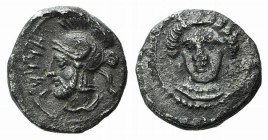 Cilicia, Tarsos. Time of Pharnabazos and Datames, c. 380-361/0 BC. AR Obol (9mm, 0.81g, 9h). Female head facing slightly l. R/ Helmeted and bearded ma...