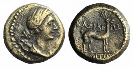Kings of Galatia, Amyntas (39-25 BC). Æ (17mm, 4.74g, 12h). Draped bust of Artemis r.; bow and quiver over shoulder. R/ Stag standing r. RPC I 3503; S...